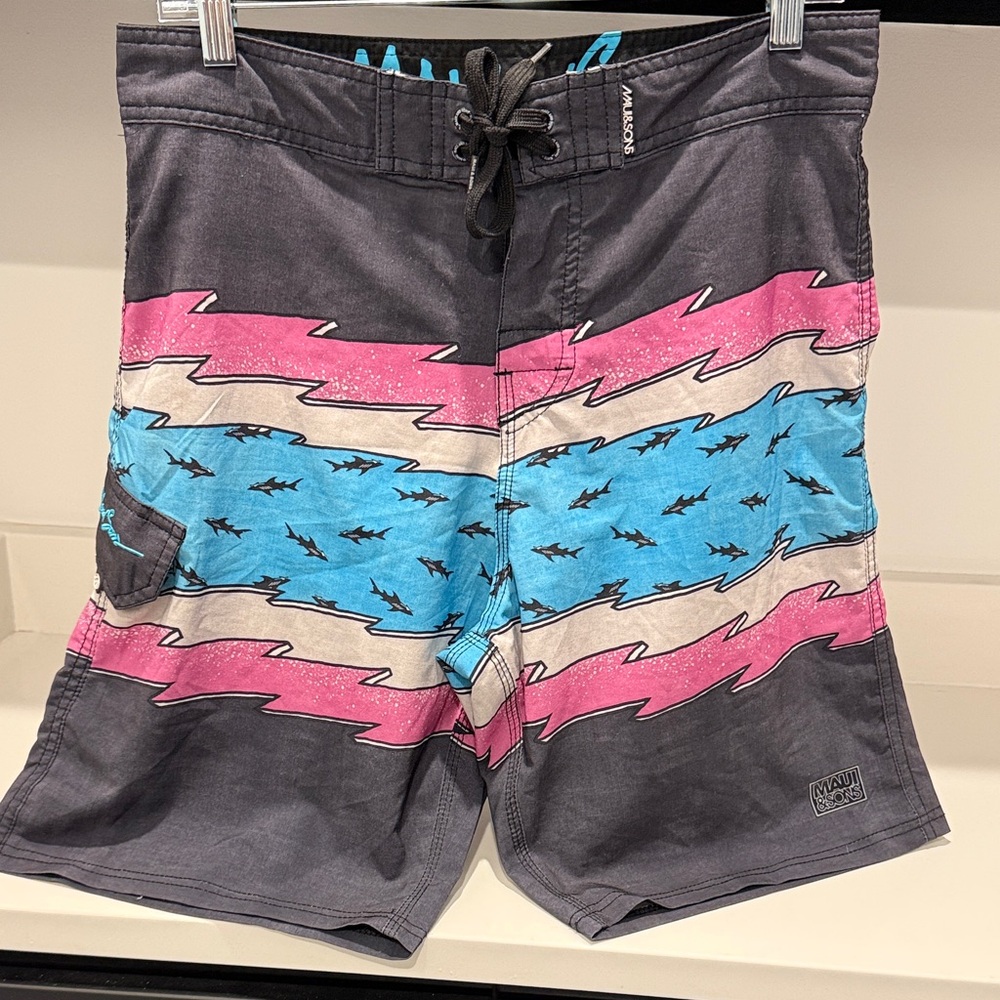 Maui and Sons Shark Print Board Shorts - Pink, Blue, Black. Size 32